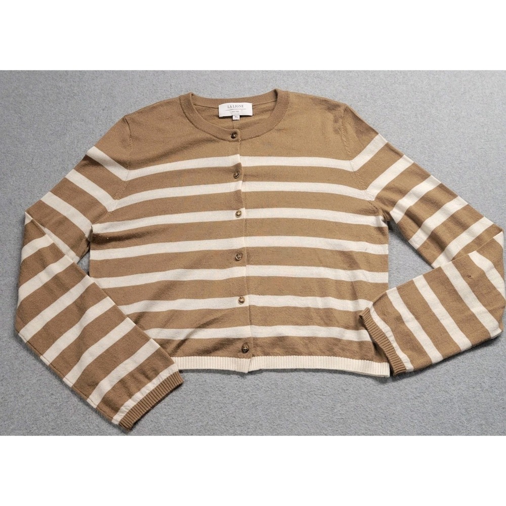 La Ligne New York Tan White Striped Cashmere Cardigan Sweater Women's Size XL - Picture 2 of 11